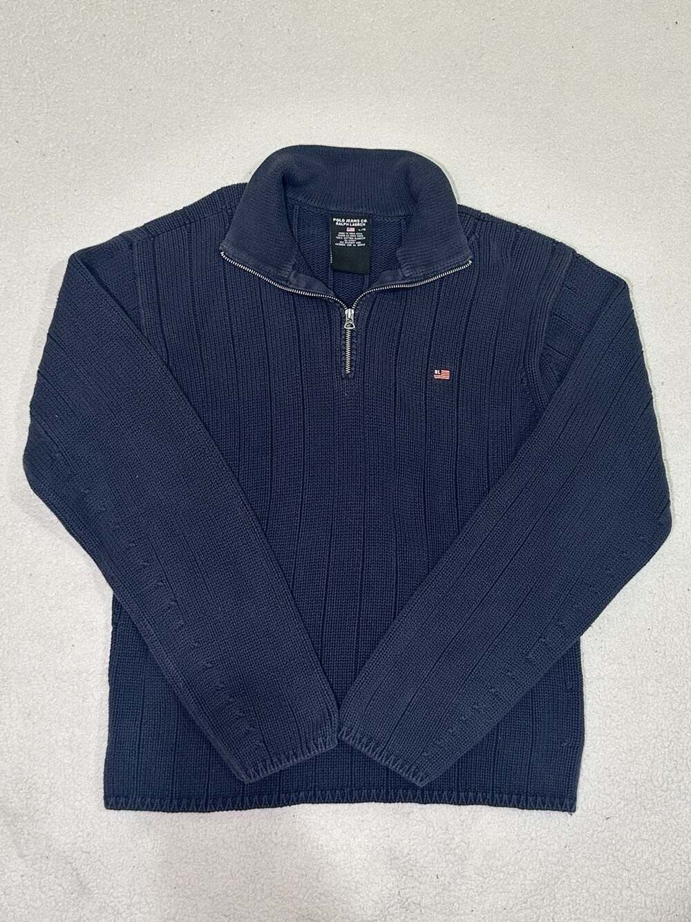 Polo Jeans Co. Ralph Lauren Navy Blue Ribbed 1/4 Zip Cotton Sweater Size Large